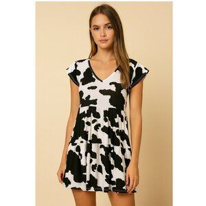 Cow Print Mini Dress V- Neck short sleeve summer dress Size Small